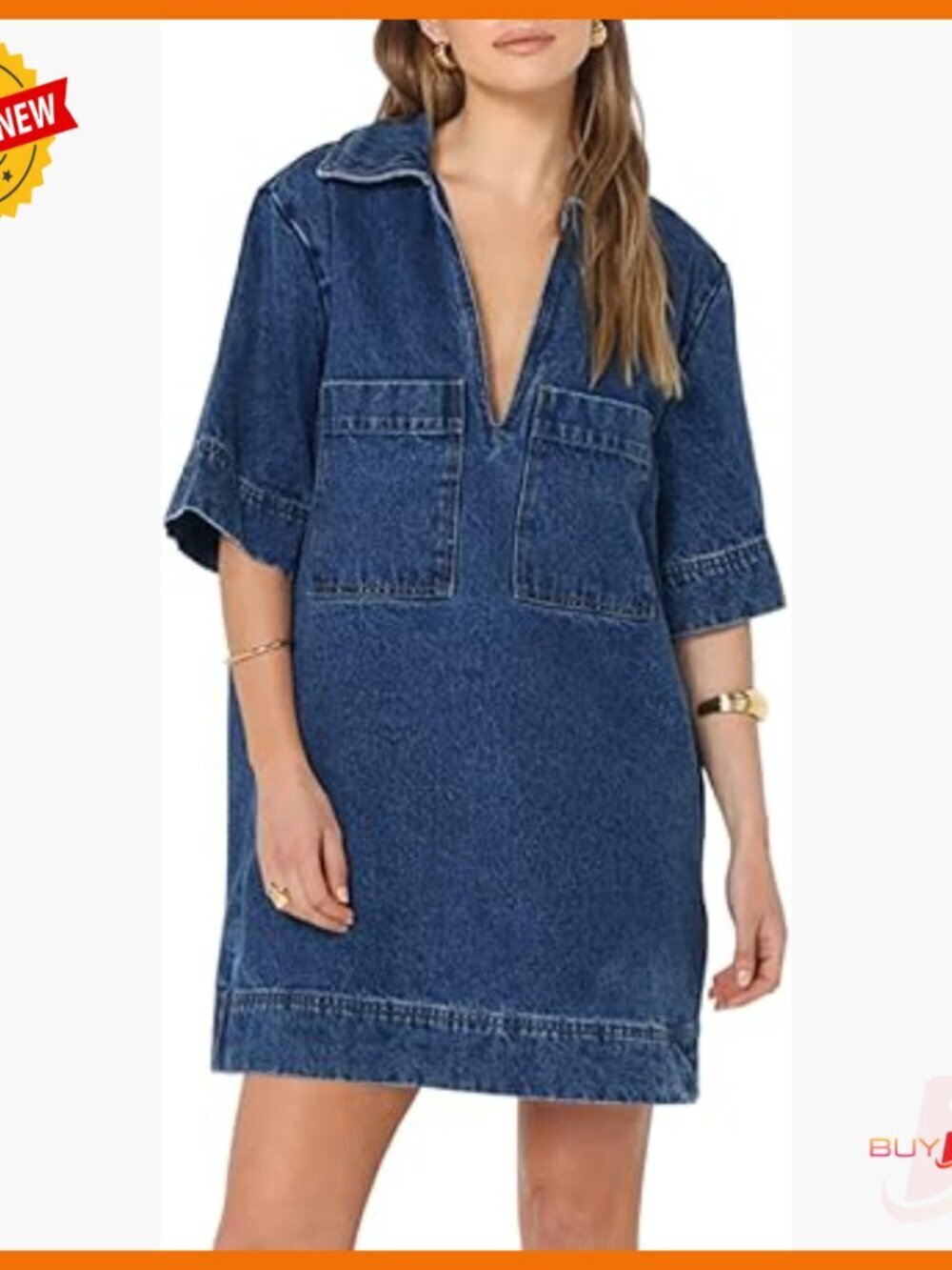 Denim Shift Dress V Neck Collar Loose Fit Casual Summer Mini